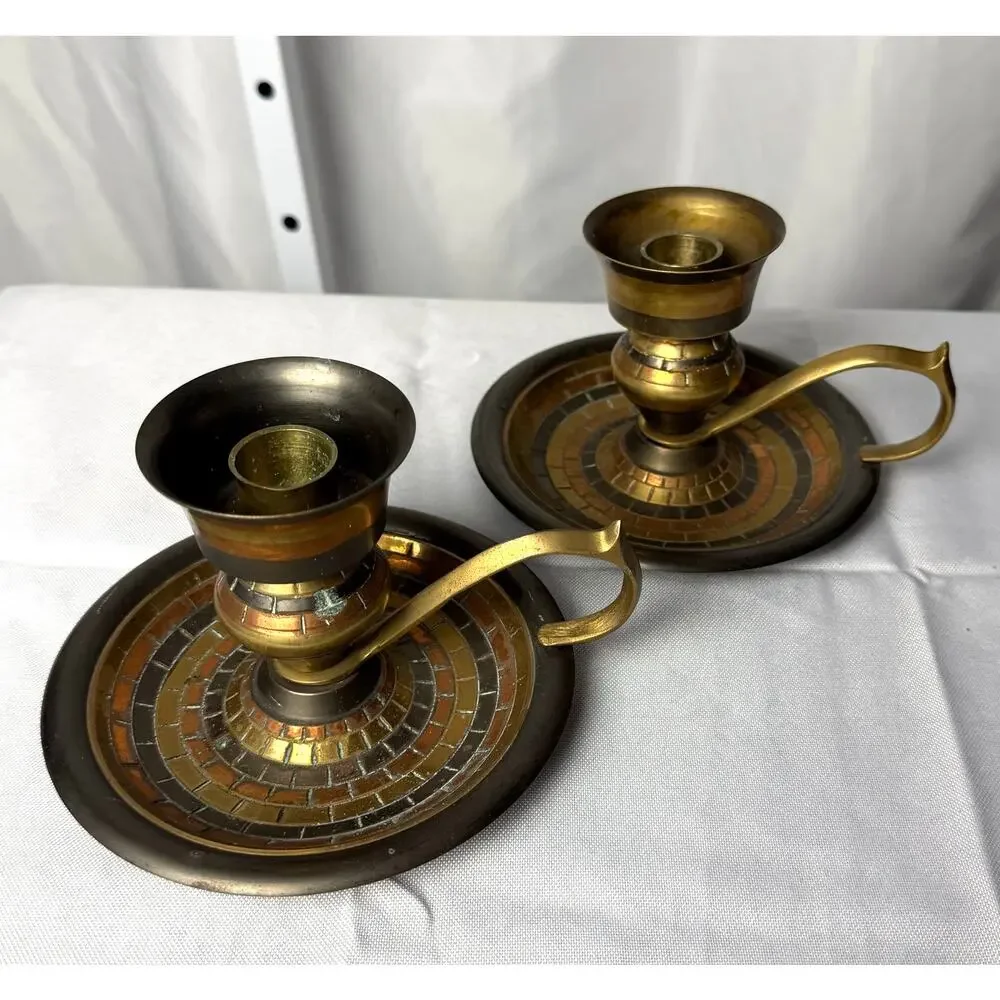 VTG Pair Brass Chamberstick Candle Holders Mosaic Inlay India Finger Loop Global
